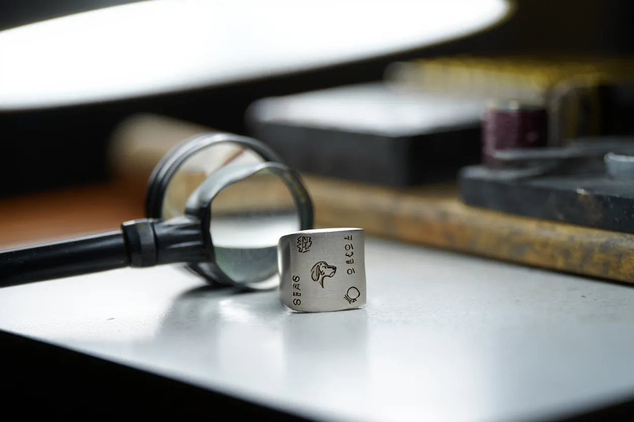 Poinçons du platine sur un bijou examiné à la loupe