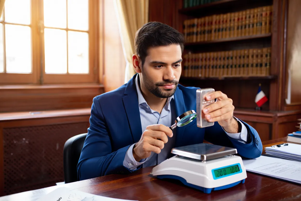 Expert en rachat de platine examinant un lingot avec une balance de précision